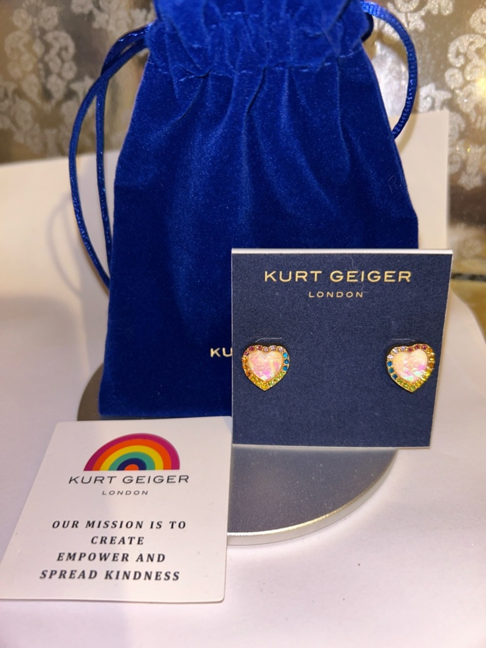 Kurt Geiger Rainbow Crystal/opal Heart Stud Earrings with care card&dust bag NWT